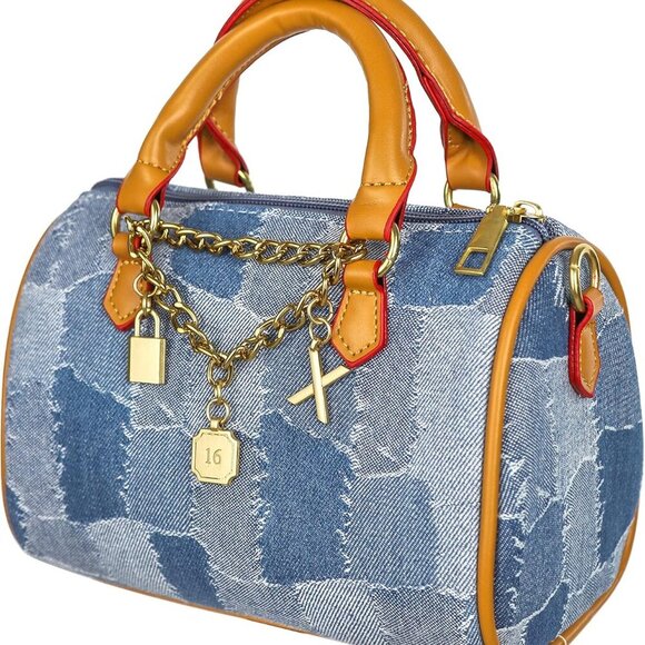 Mini Small Denim Purse Jean Boston Barrel Bags Quilted Checkered Top Handle Canv - Picture 1 of 9